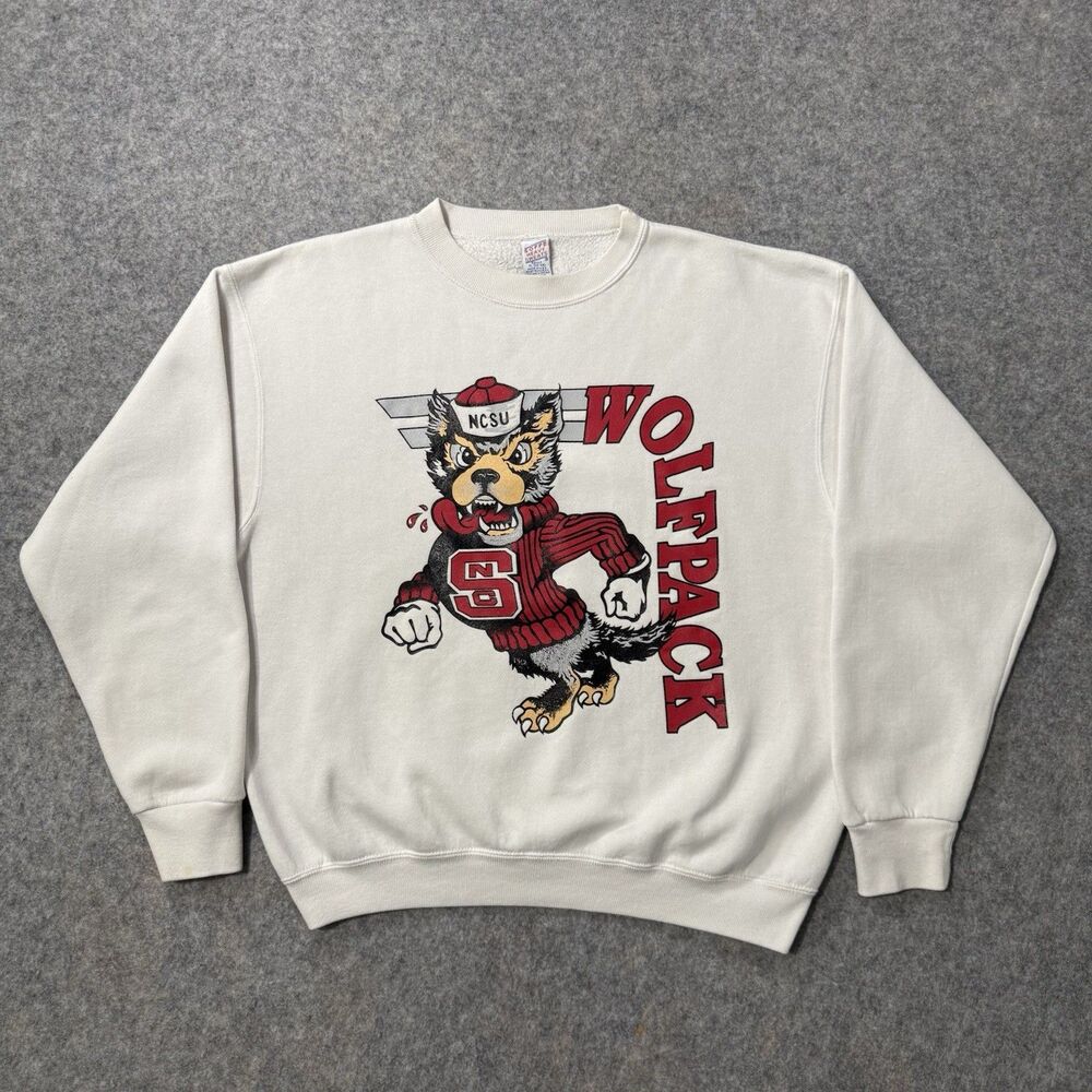 Vintage 80s NC State Wolfpack Sweatshirt XL Double Sided Strutting Wolf Soffe US
